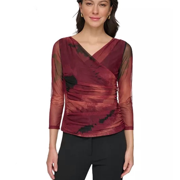 DKNY Mesh Faux Wrap Top Wine Red Burgundy 3/4 Sheer Sleeves Women’s Size L - Picture 1 of 13